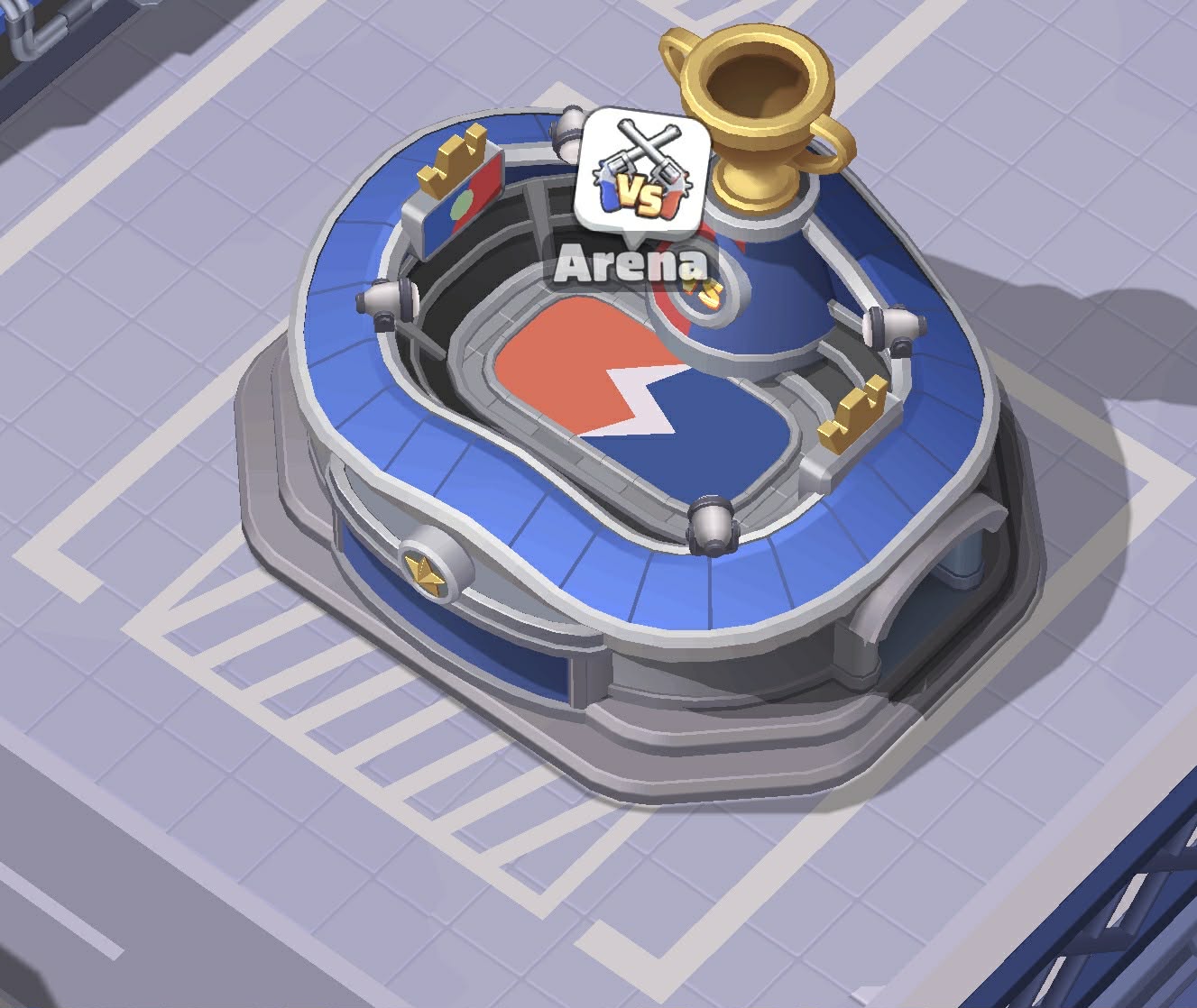 The Arena building with its blue-and-grey competition ring and large gold trophy