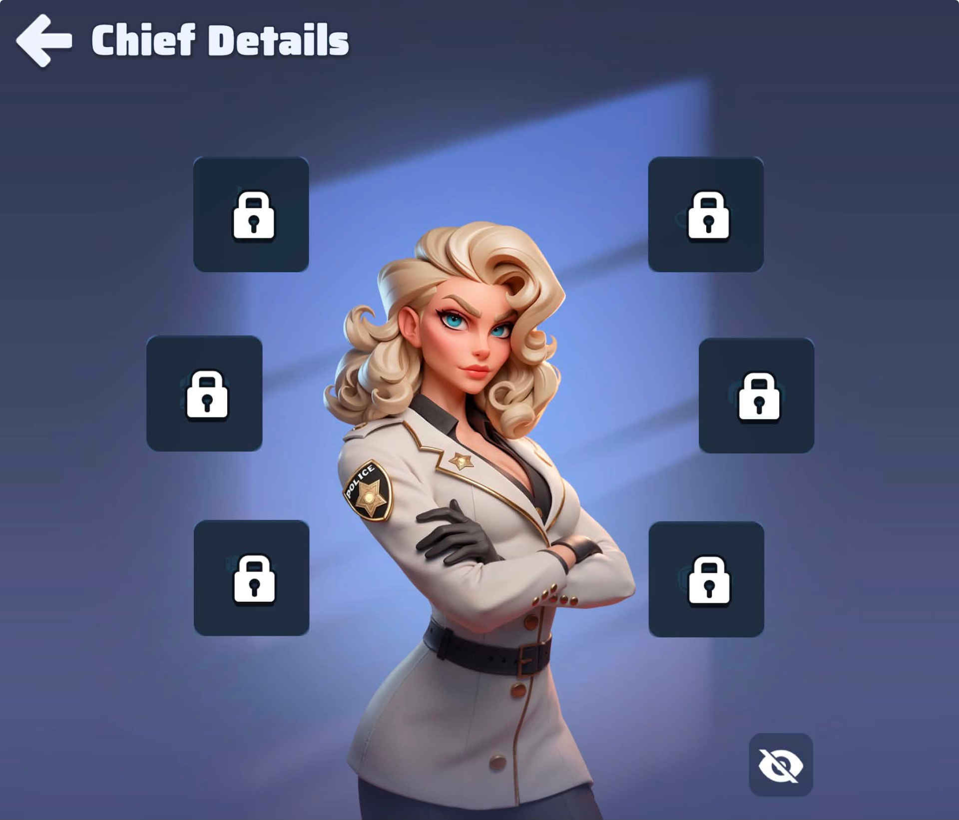 Chief in white dress uniform surrounded by six locked equipment slots
