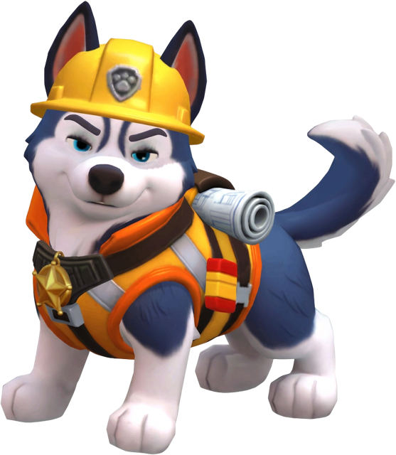 Foreman, a husky in a yellow hard hat and orange work vest