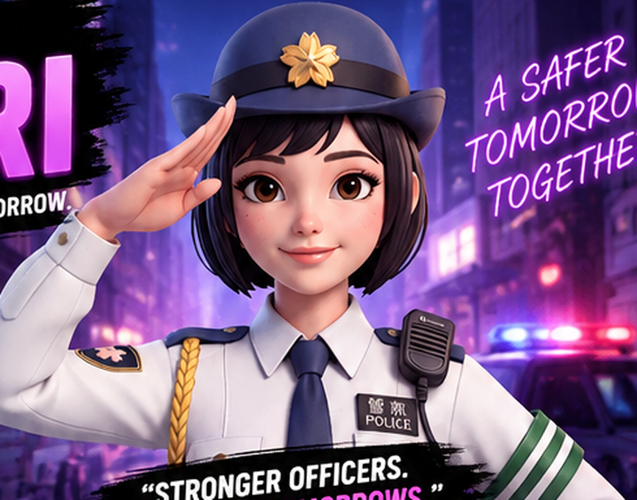 Helpful Hikari, SR Marksman hero, saluting in a white police uniform and navy cap