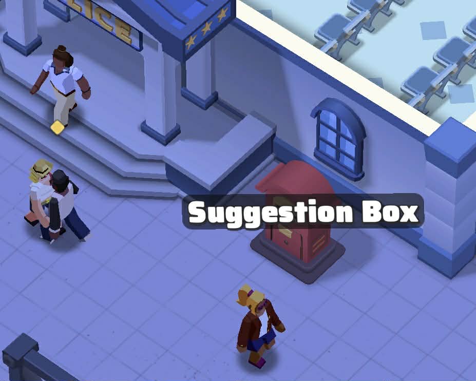 The small red Suggestion Box standing beside the Police Department steps