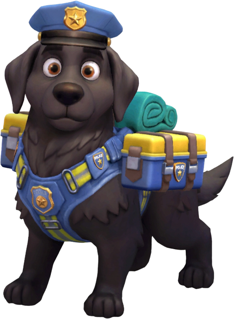 Buggy, a black dog in a blue police cap with equipment saddle bags