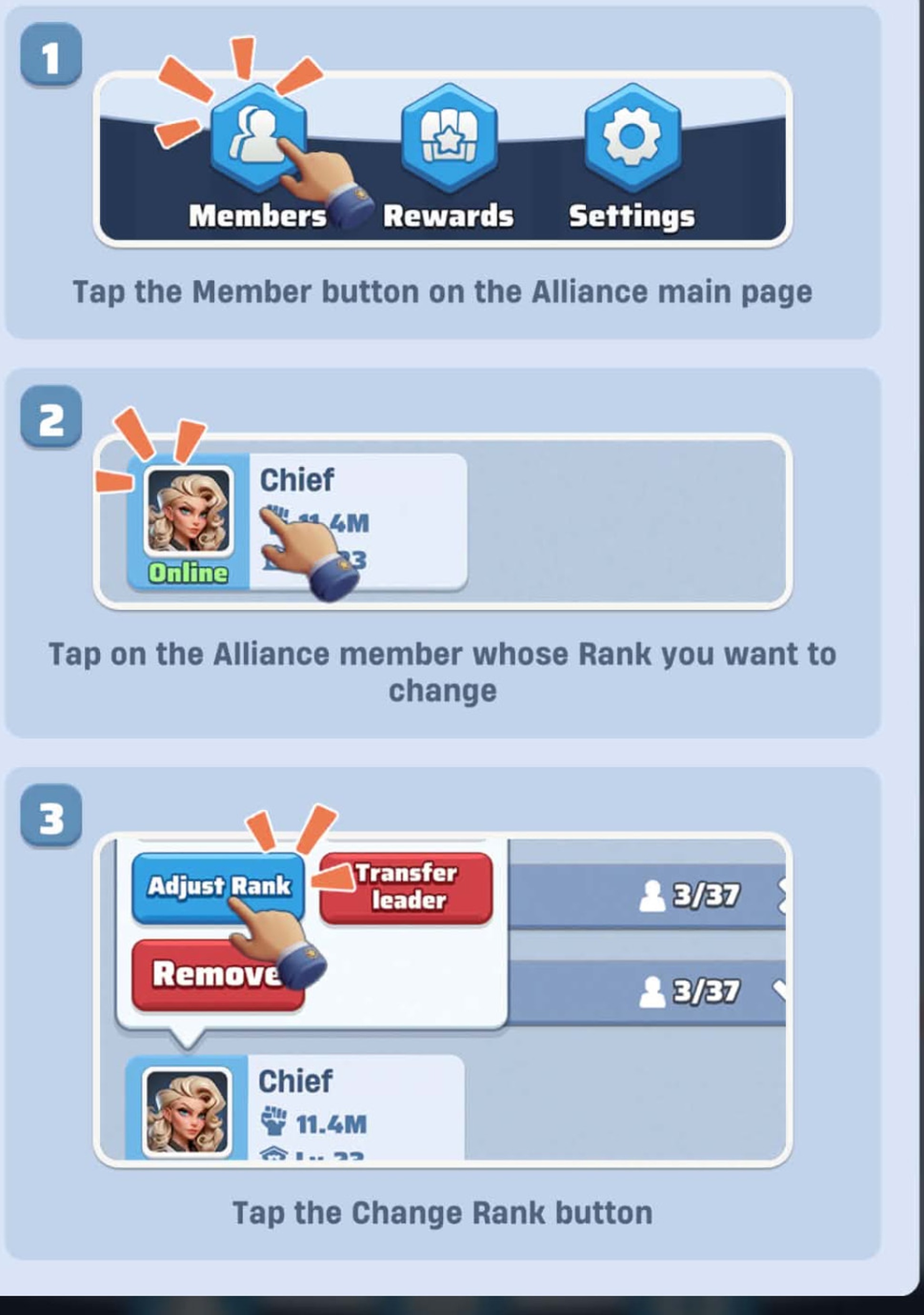 In-game Leader's Guide showing Members, member select and Adjust Rank