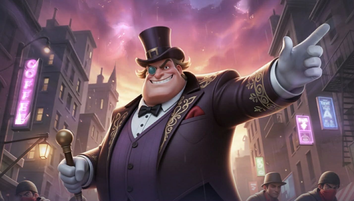 Mafia Attack event artwork — the Velvet Don pointing down a neon city street