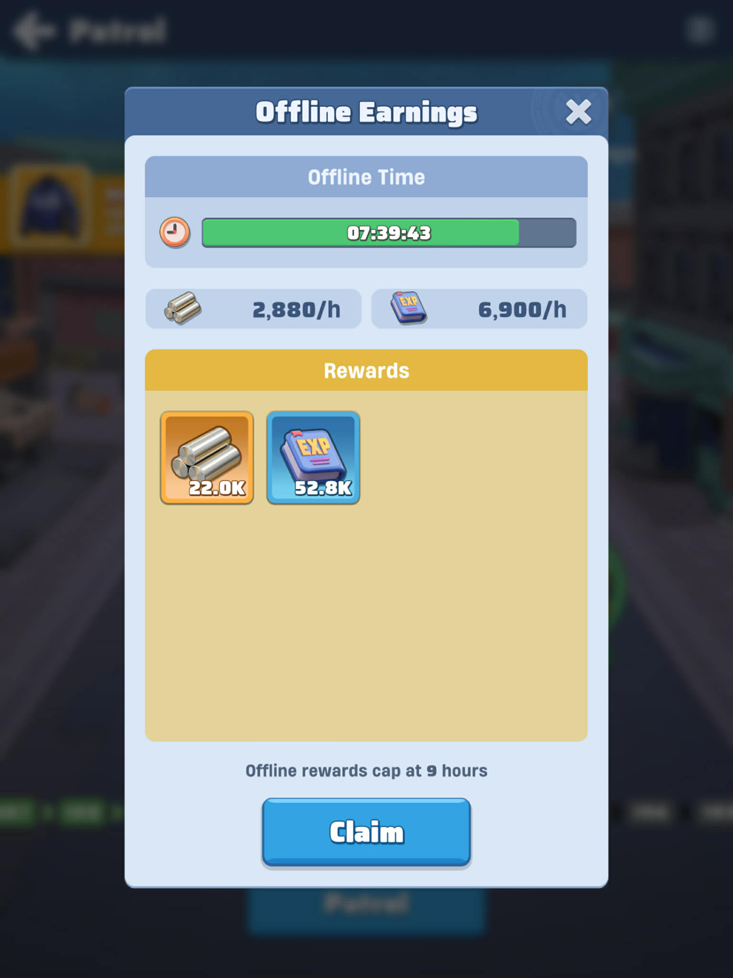 The Offline Earnings window showing accumulated offline time, hourly rates and claimable amounts