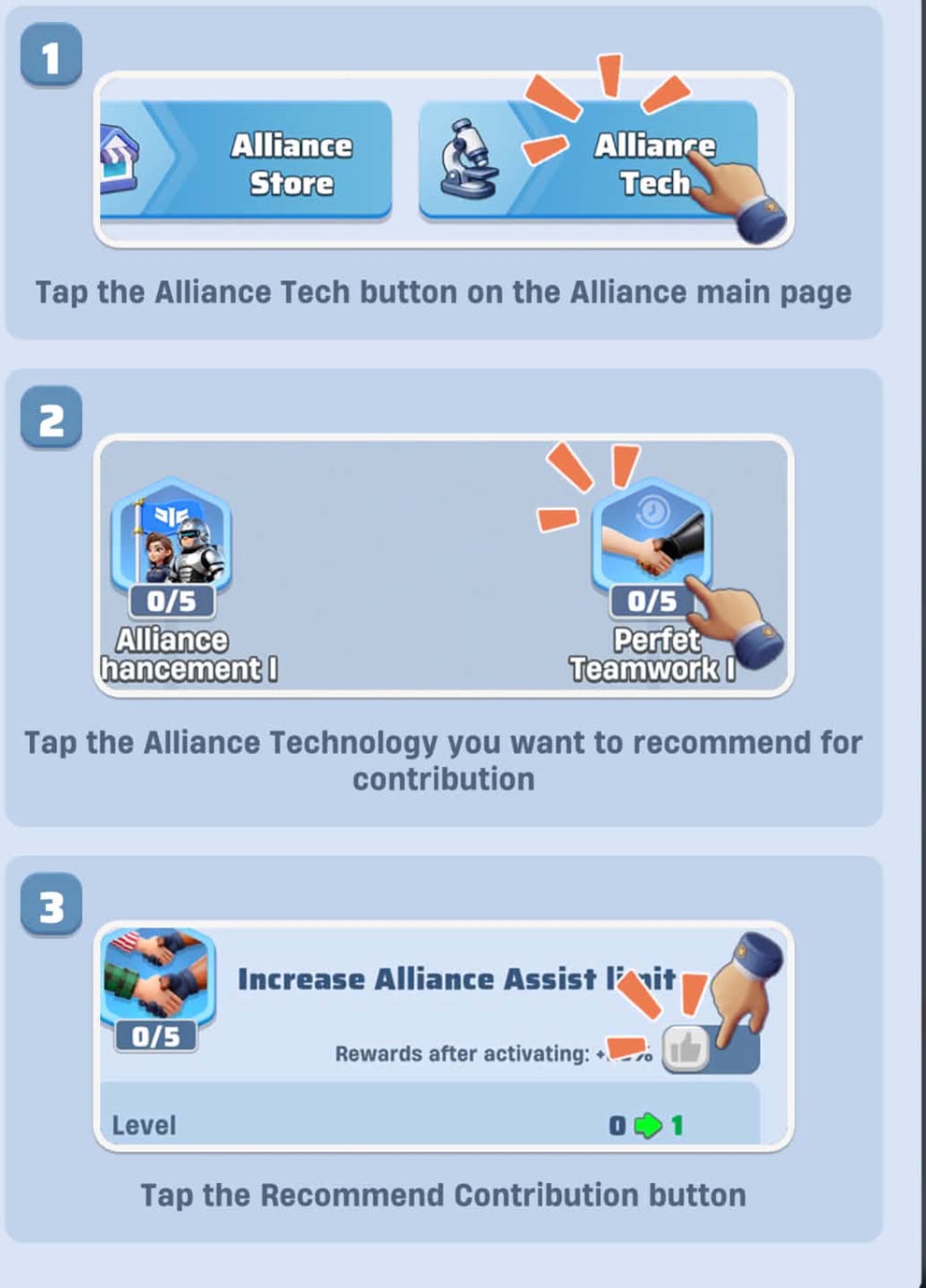 In-game Leader's Guide showing Alliance Tech and Recommend Contribution
