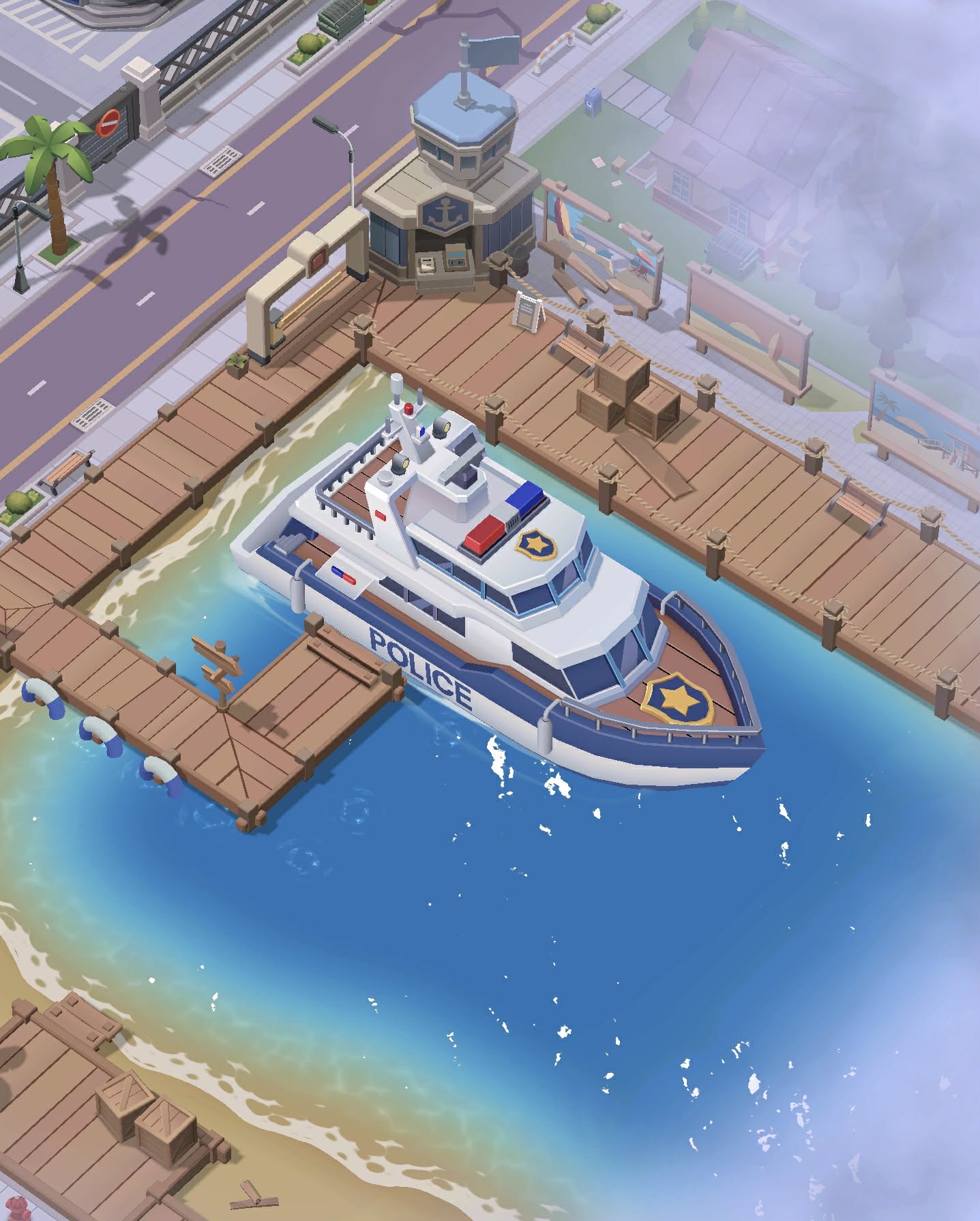 Sapphire Bay — the police patrol boat docked at a tropical island marina