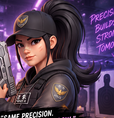 Spark Sea-ah, SR Marksman hero, in a black police cap and tactical vest holding a handgun