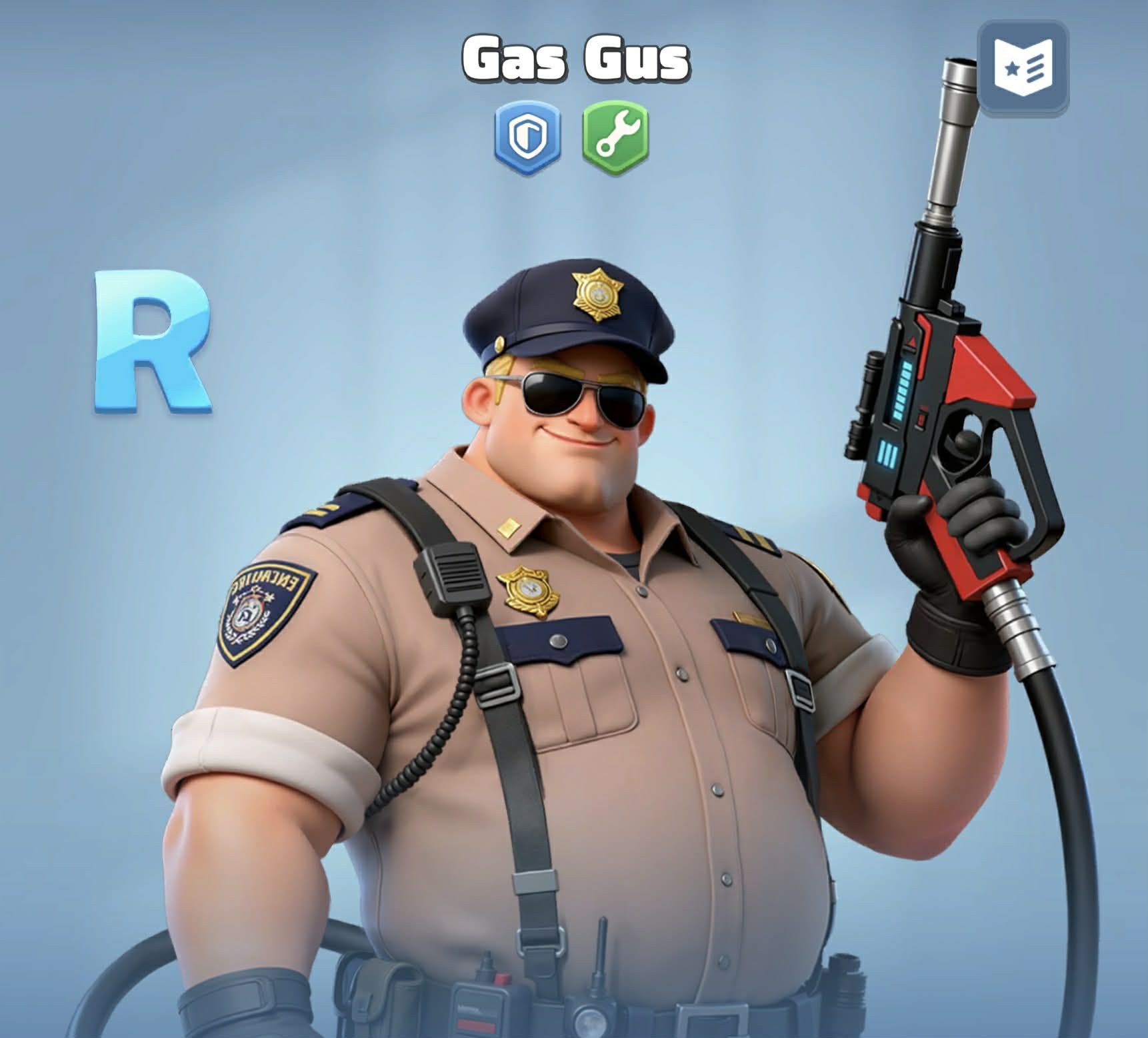 Gas Gus, R Guard hero, holding his gas-pump weapon
