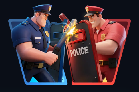 Precinct Powerplay event artwork — two rival police chiefs clashing shield to baton