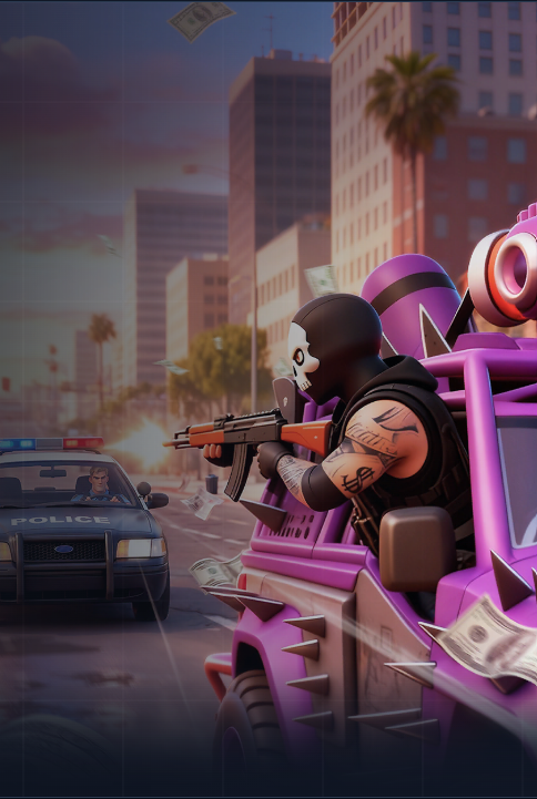 Hot Pursuit event artwork — a masked fugitive firing from a getaway truck chased by a police cruiser