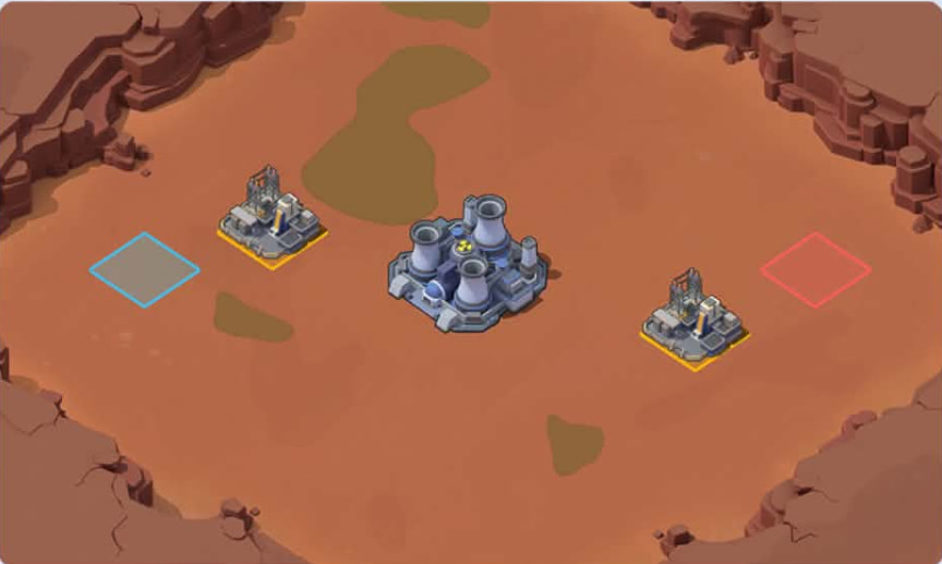 Battlefield with the first structures unlocked around the centre
