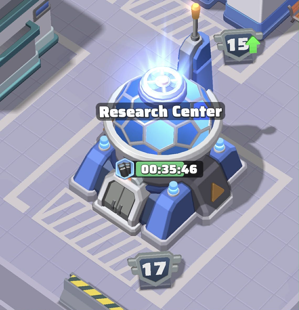The Research Center building with a blue hexagonal dome, white ring and antenna