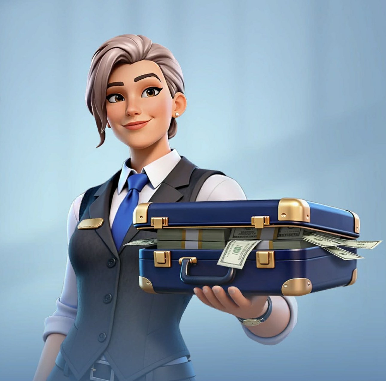 Cash Money Cassie, R Guard hero, holding a briefcase full of cash