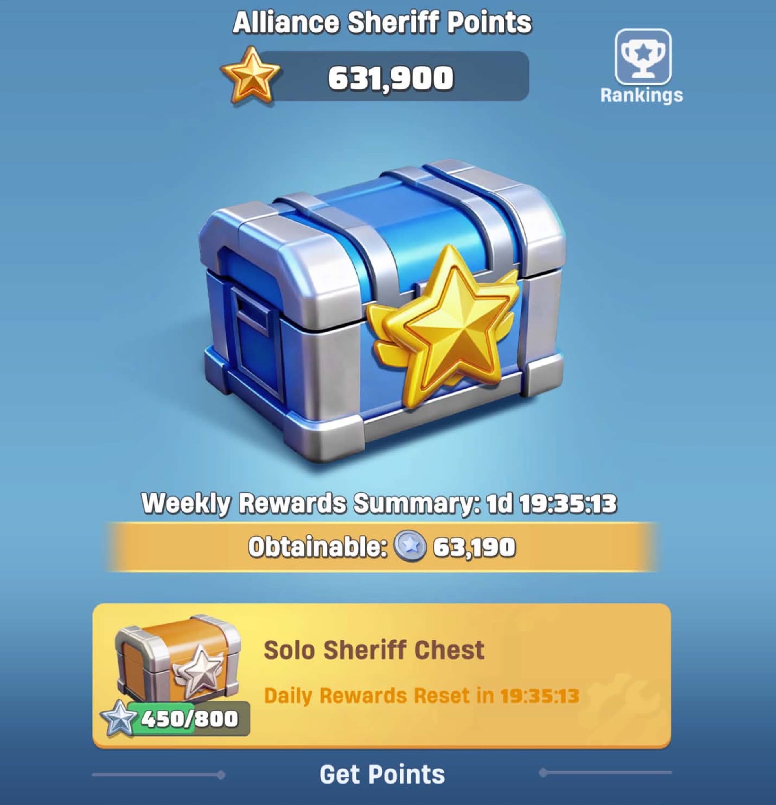 In-game Activity Rewards screen showing Alliance Sheriff Points and Solo Sheriff Chest