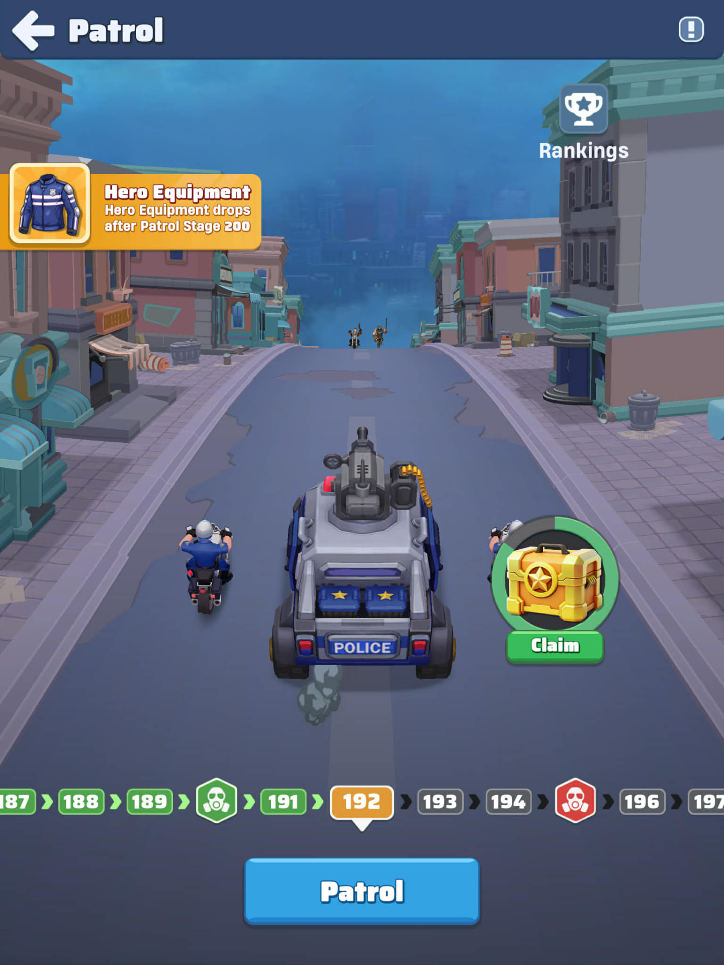 The Patrol screen showing numbered stages, the Patrol button, the Rankings button and the Hero Equipment notice