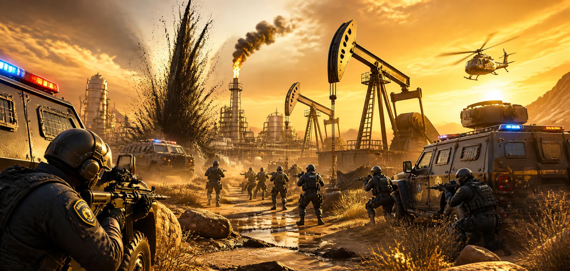 Oilfield Strike event artwork — police squads advancing through a burning oilfield at sunset