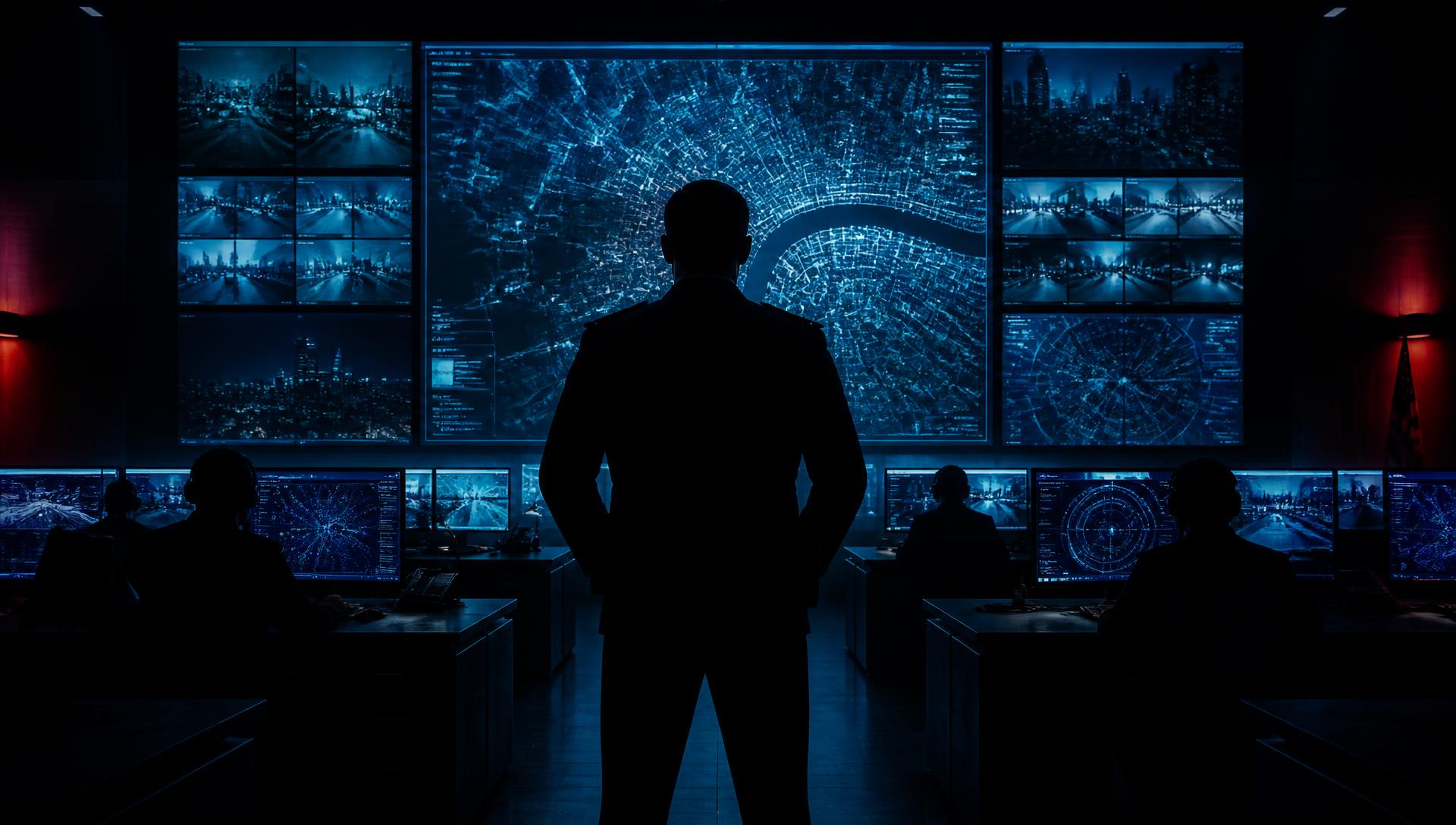Police command center with glowing blue city monitors